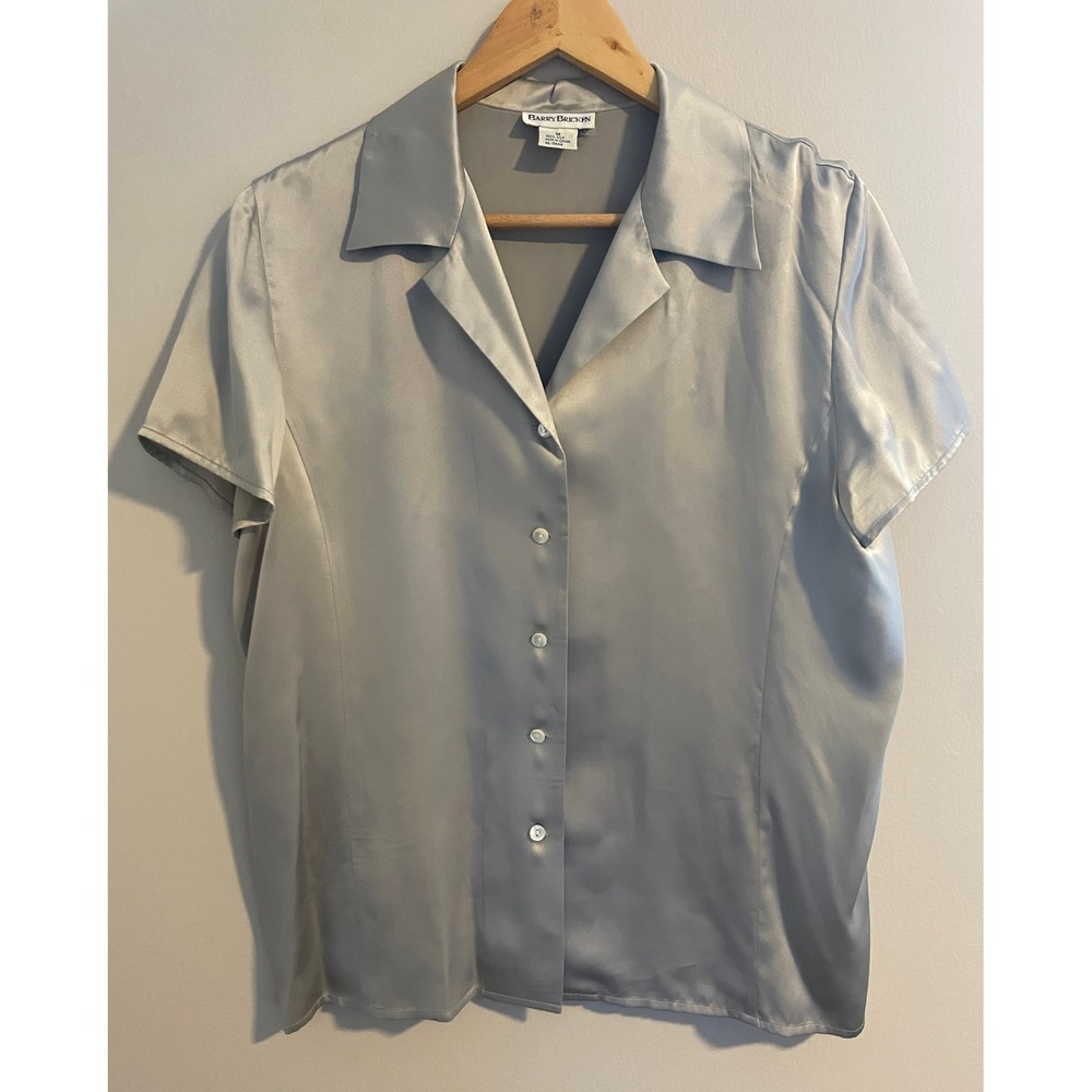 Vintage Barry Bricken Gray 100% Silk Short Sleeve Button Down Blouse Size Med